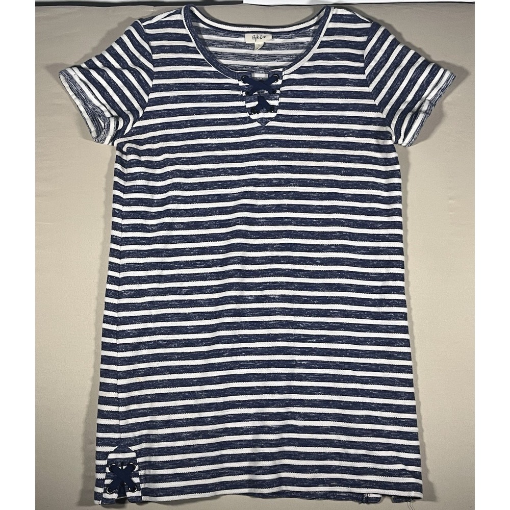 Style & Co Womens Navy White Striped Lace Up Neck Short Sleeve Top L Chic Boho